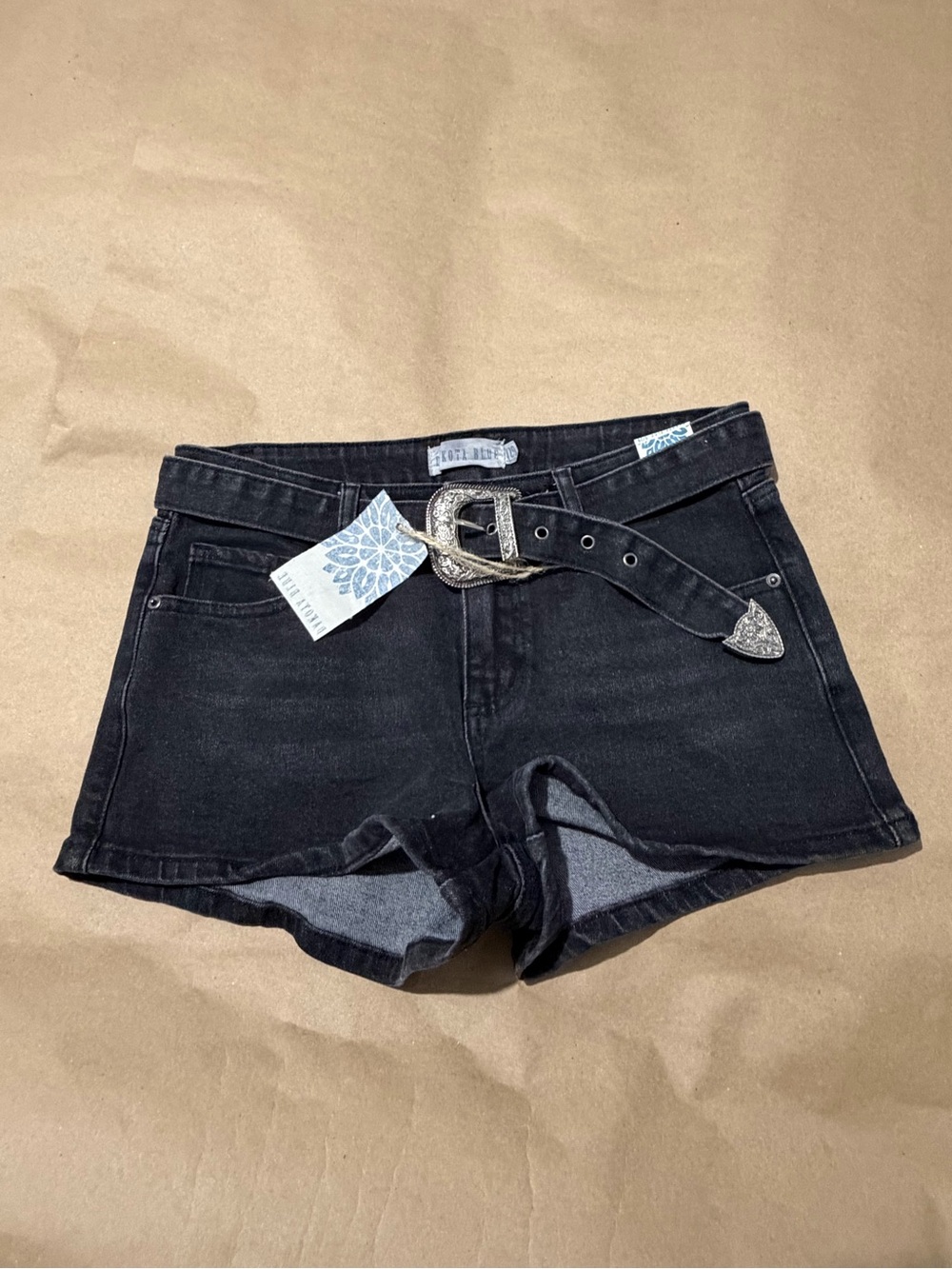 Women’s Black Denim High-Rise Shorts with Western Buckle